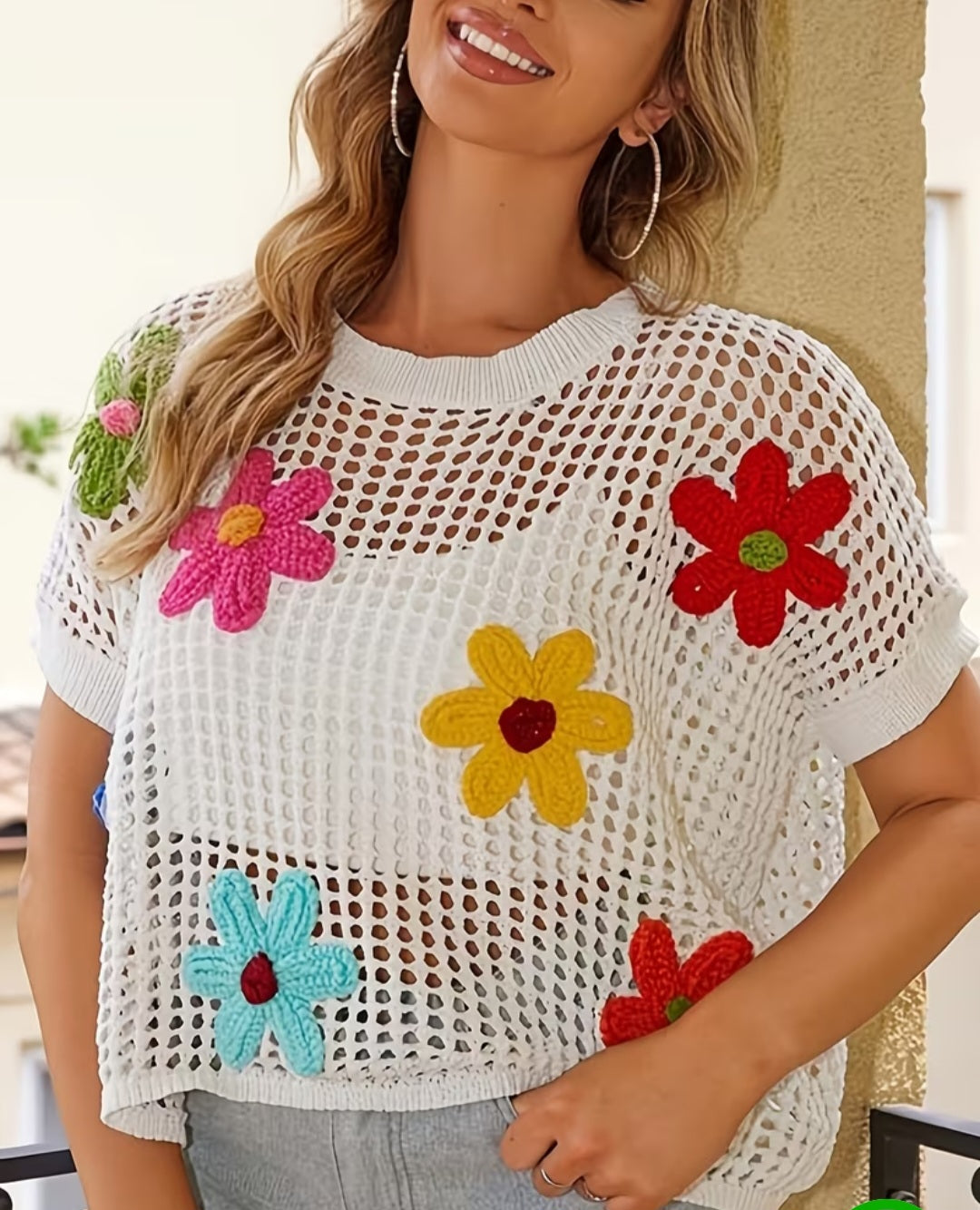 Women's Floral Print Round Neck Short Sleeve Lace Openwork Top