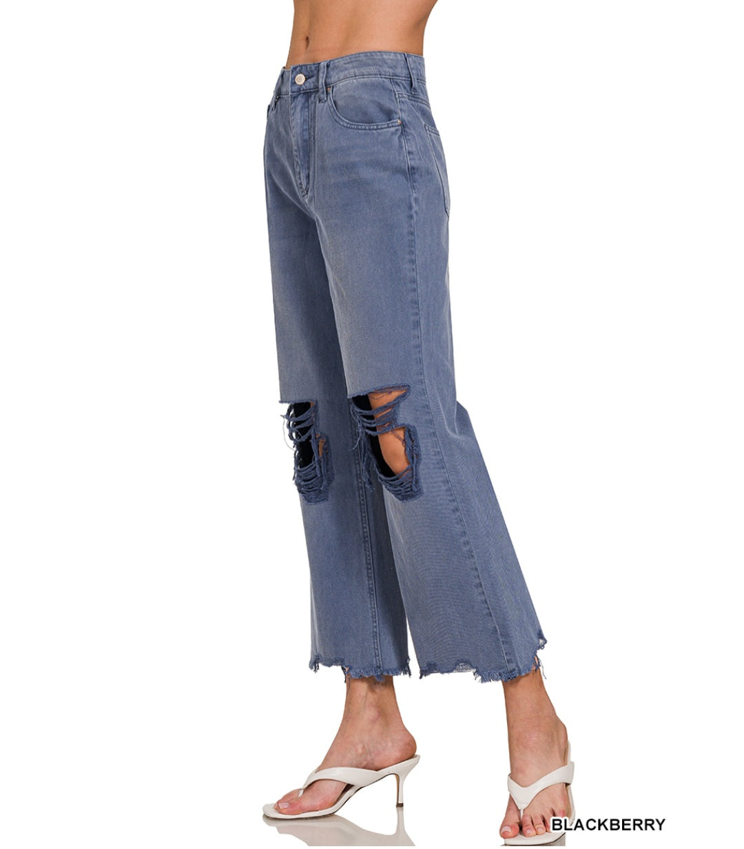 Zenana Blackberry Washed distressed knee and hem cropped pants
