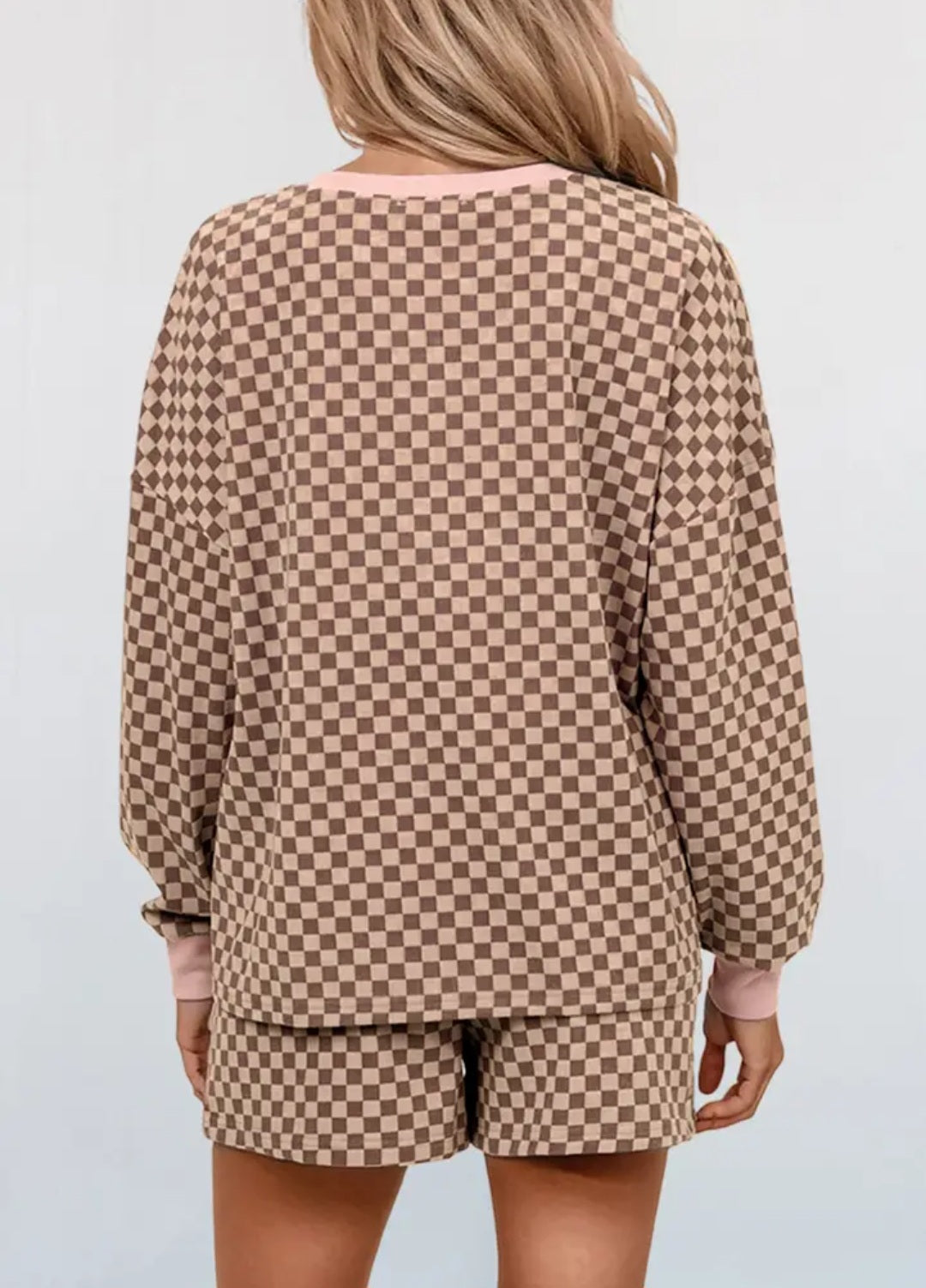 Checkered Long Sleeve Pullover & Shorts Set