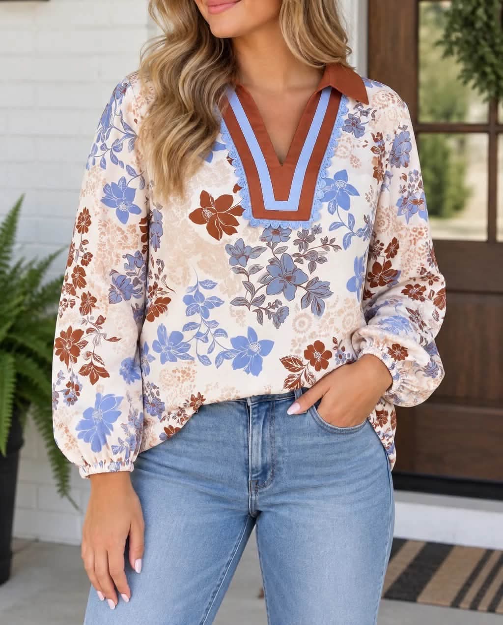 White Plus Floral V Neck Blouse