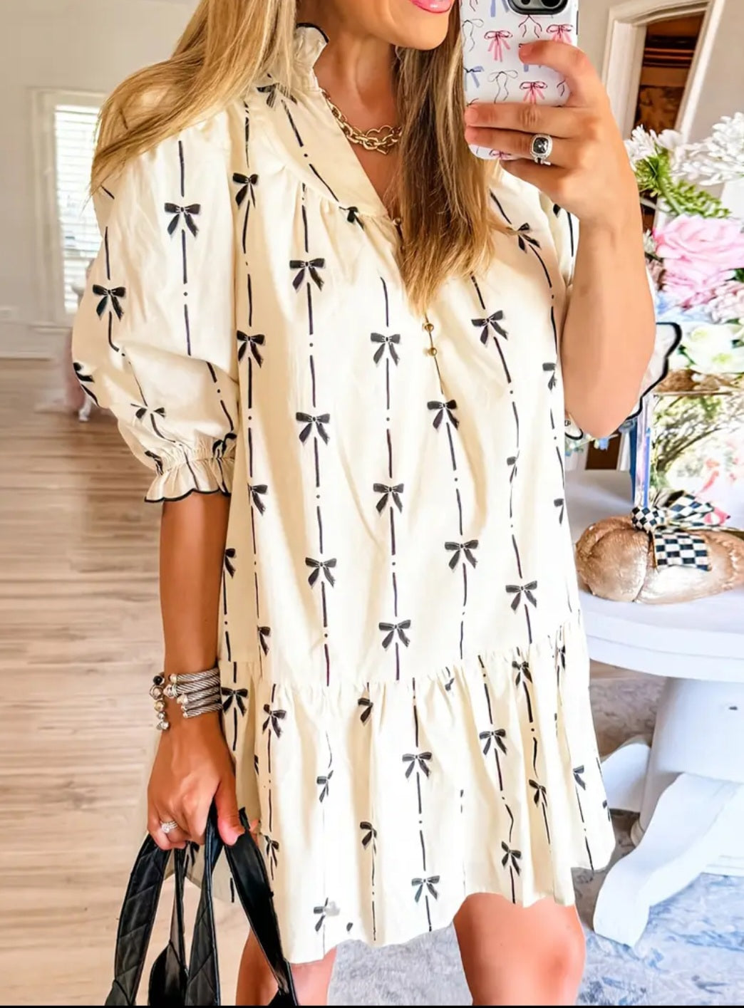 Bow Print Ruffle Hem Dress