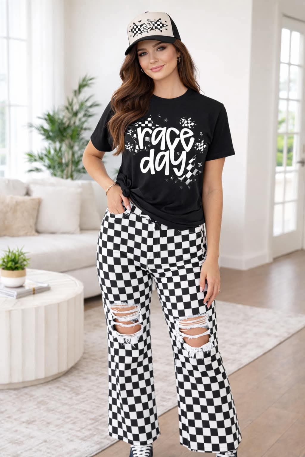 Black Checkered Distressed Jeans