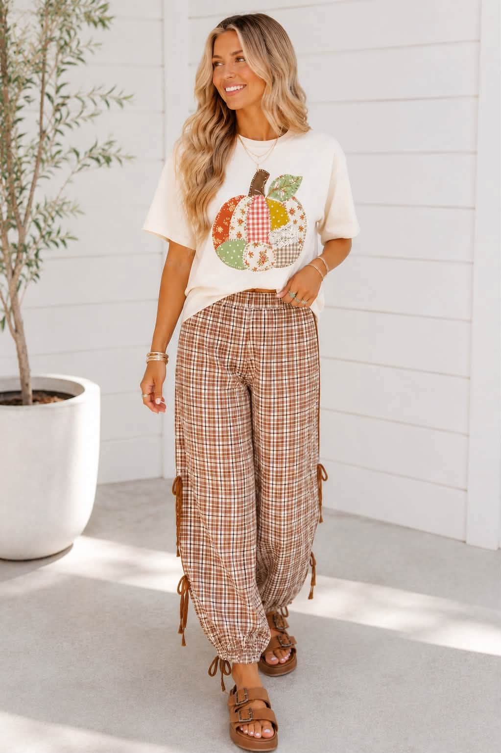 Chestnut Plaid Bow Detail Pants