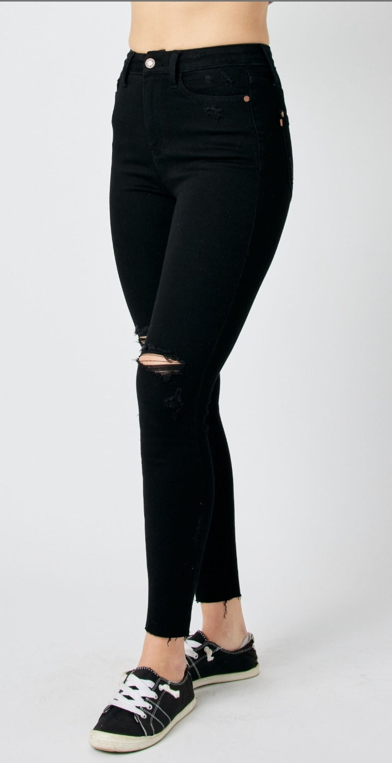 Judy Blue Black High Waist Heavy Destroy Raw Hem Skinny