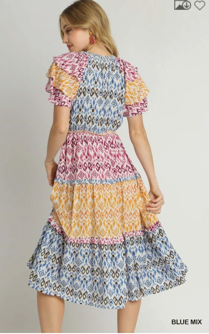 Umgee Aztec Print Midi Dress with Tassel Front Tie and Ruffle Sleeves