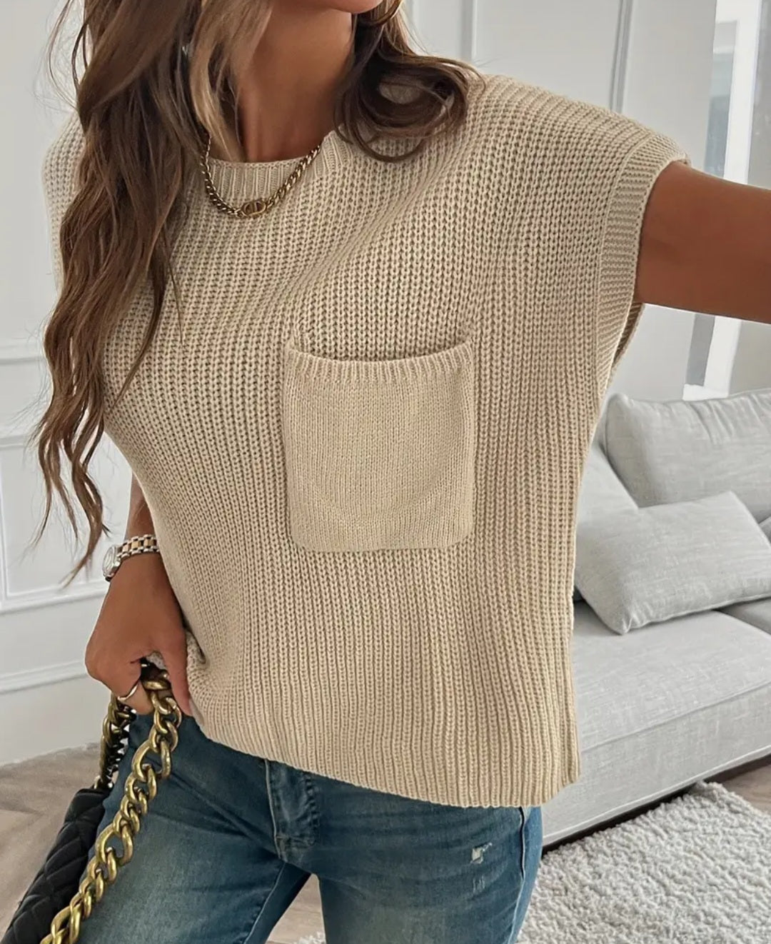Solid Color Pocket Knitted Pullover Sweater