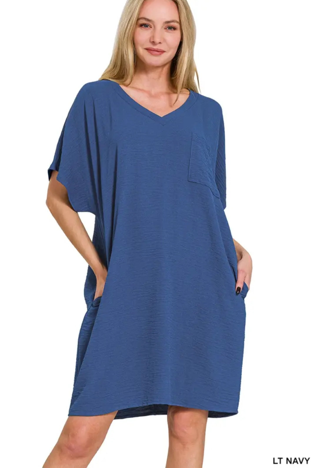 Zenana Woven Airflow V Neck T Shirt Dress with Pockets