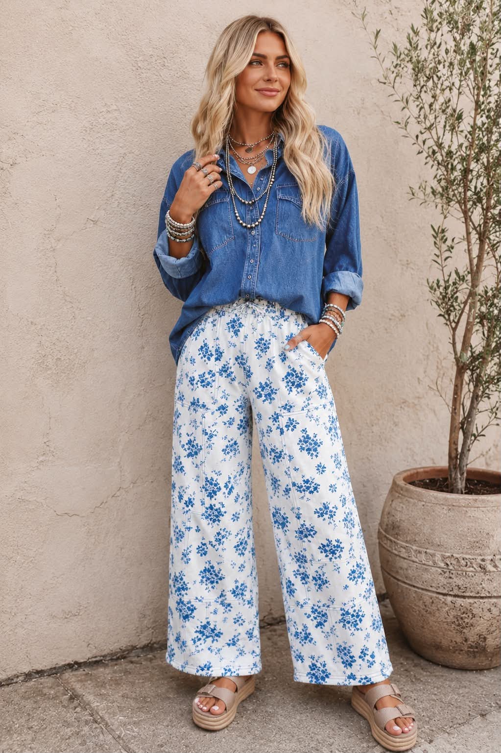 Blue Floral Straight Leg Pants