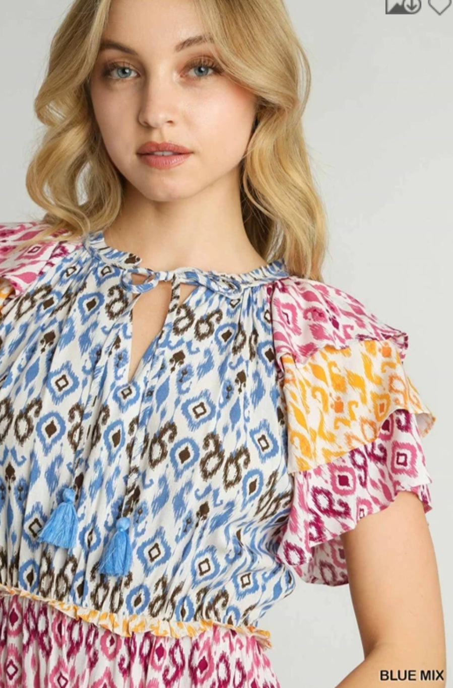 Umgee Aztec Print Midi Dress with Tassel Front Tie and Ruffle Sleeves