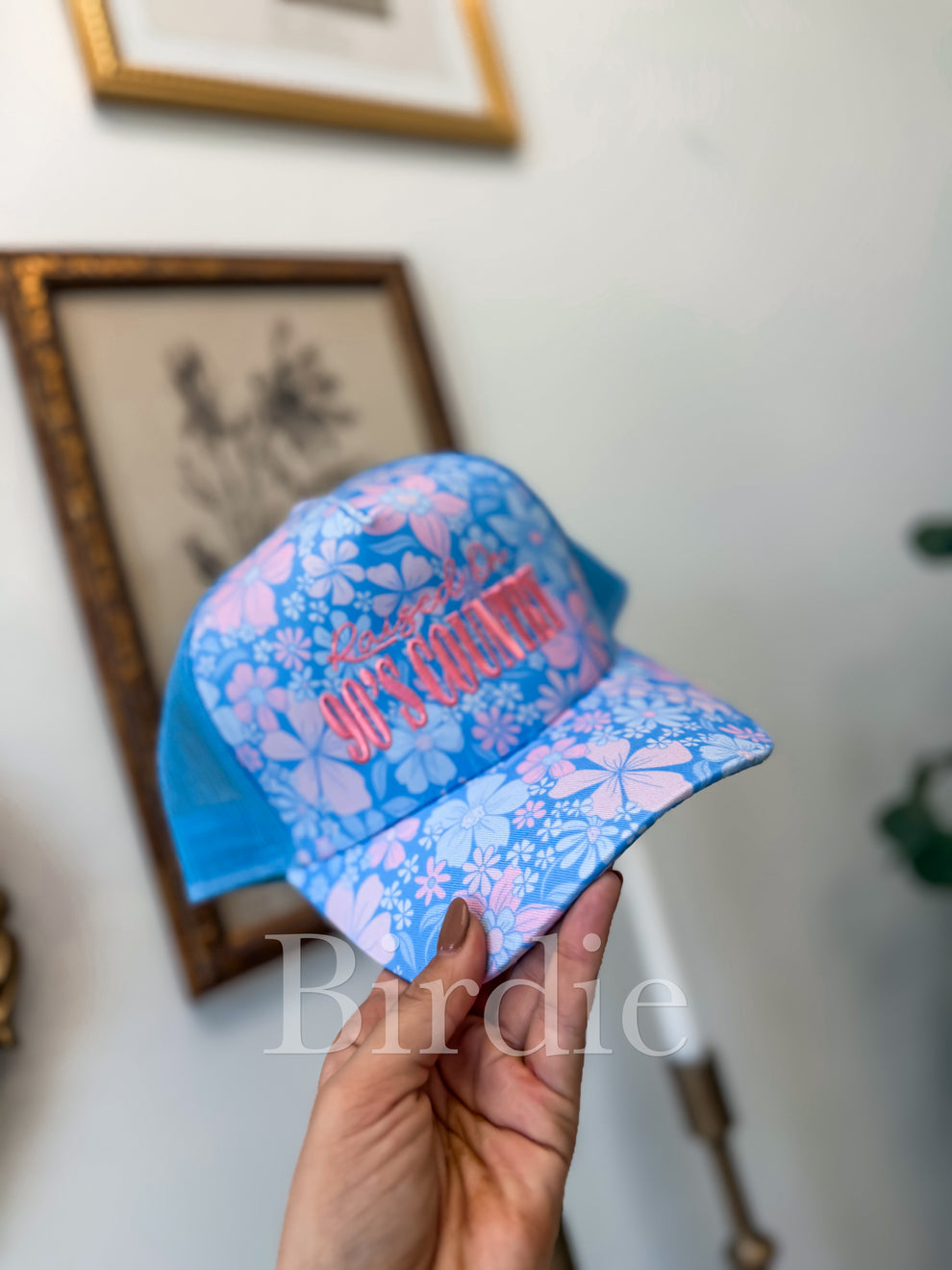 Raised on 90's Country Embroidered on Birdie Trucker Hat Bluebell Blush Preorder