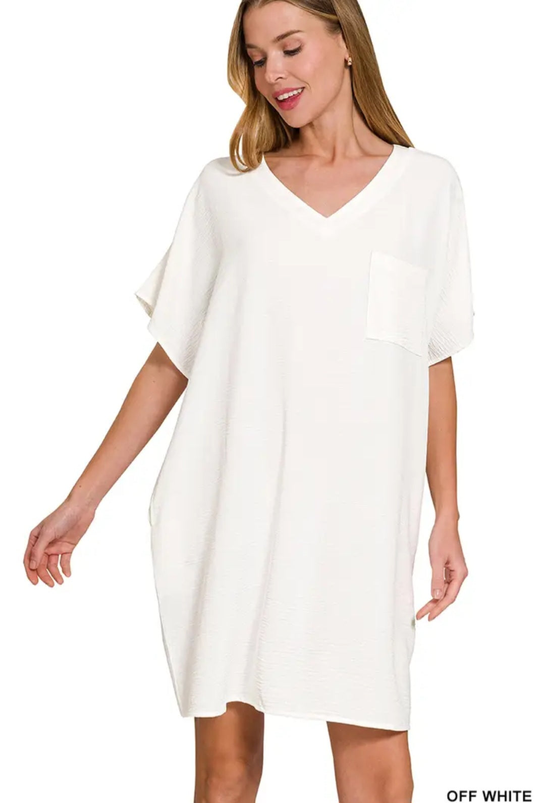 Zenana Woven Airflow V Neck T Shirt Dress with Pockets