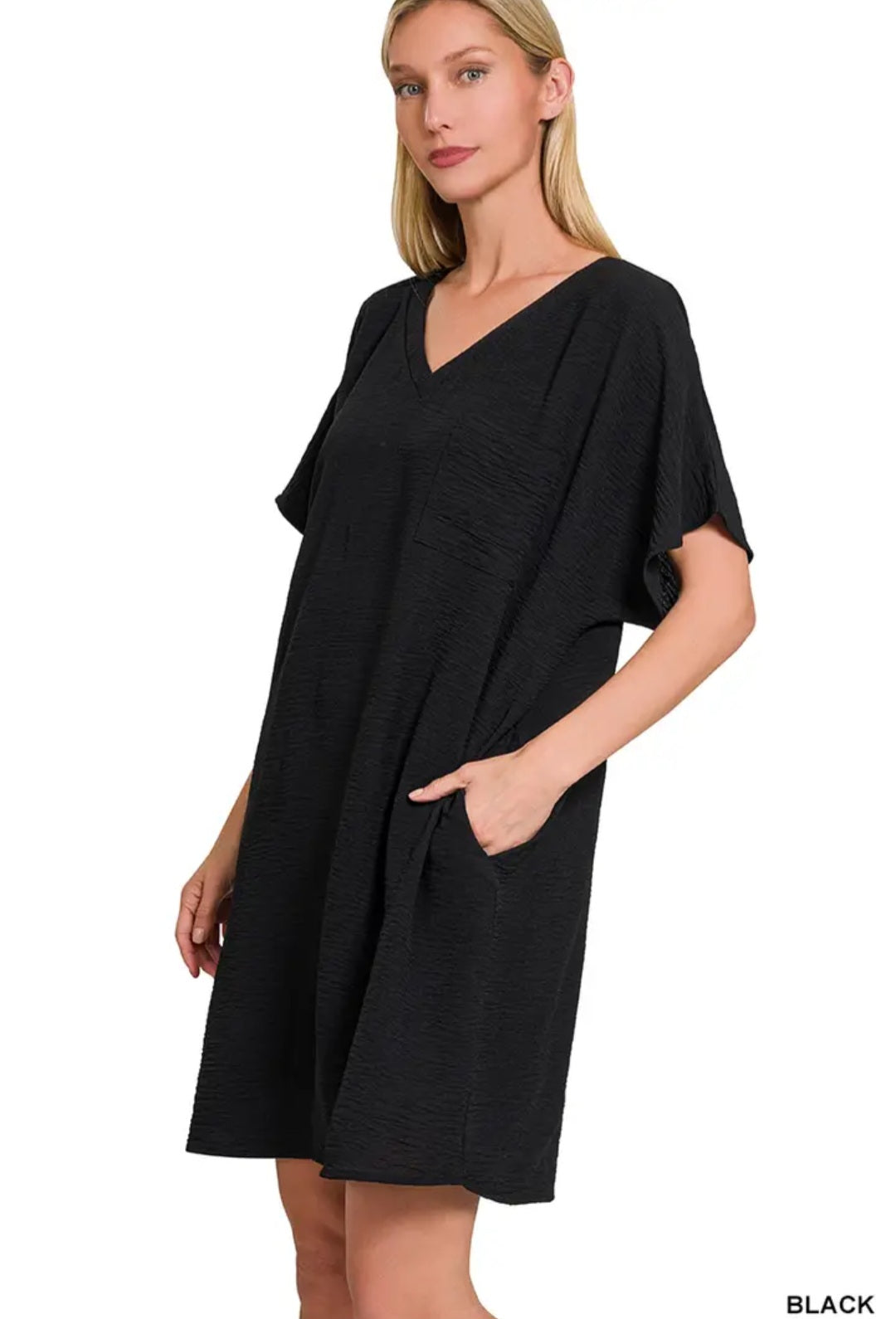 Zenana Woven Airflow V Neck T Shirt Dress with Pockets