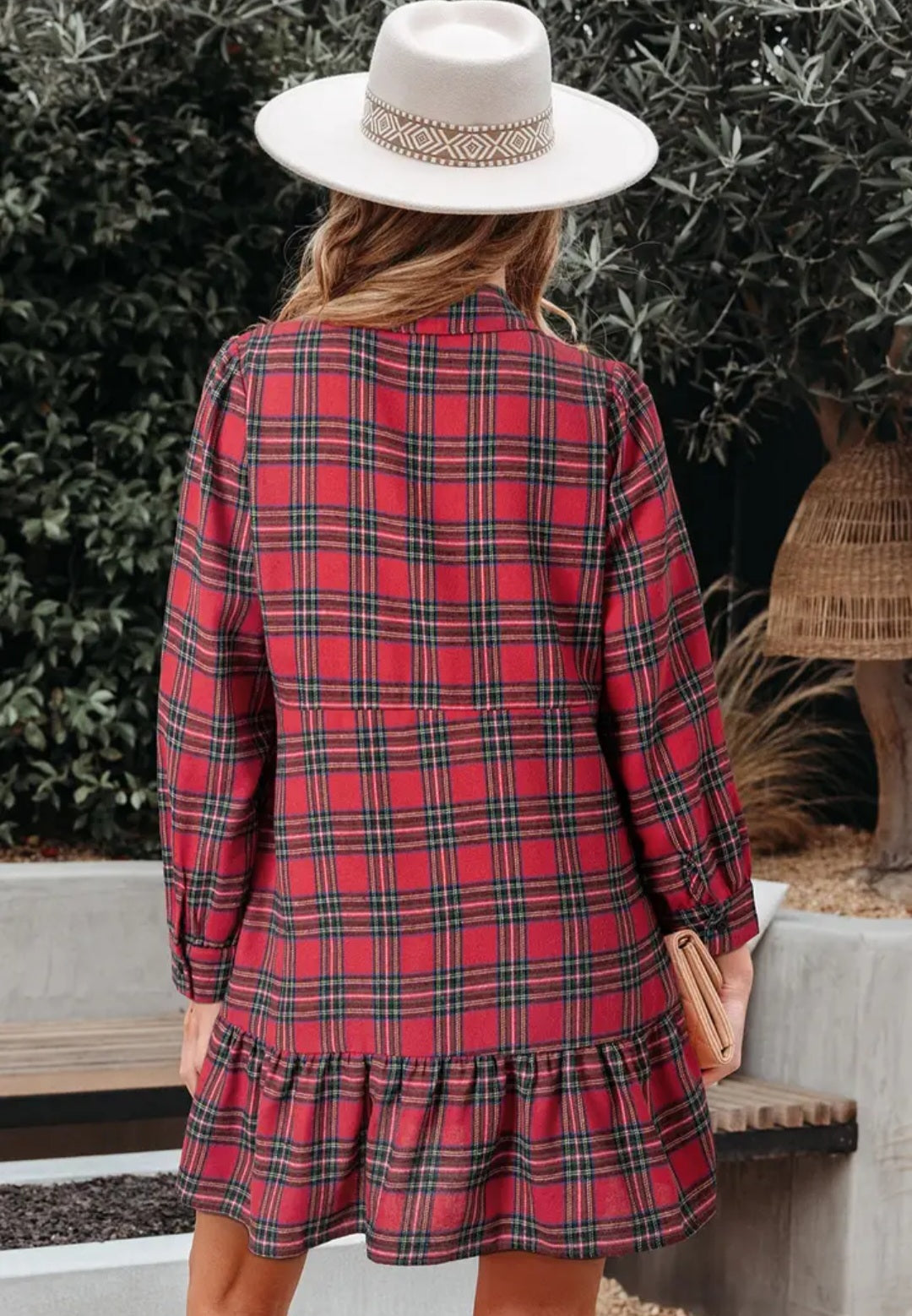 Red Plaid Shirt Collar Half Button Ruffle Hem Long Sleeve Midi Dress