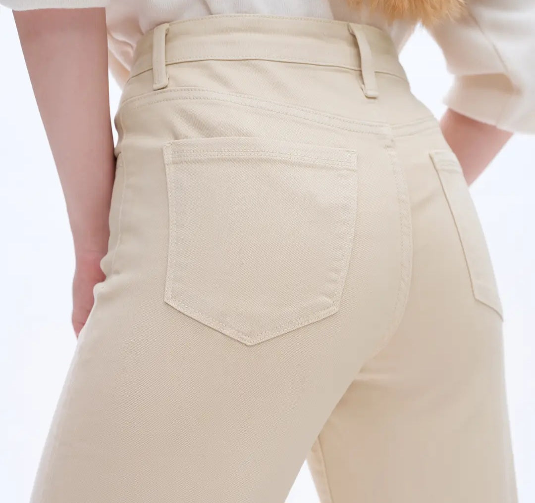 High Rise Wide Leg Twill Pants with Finished Hem
