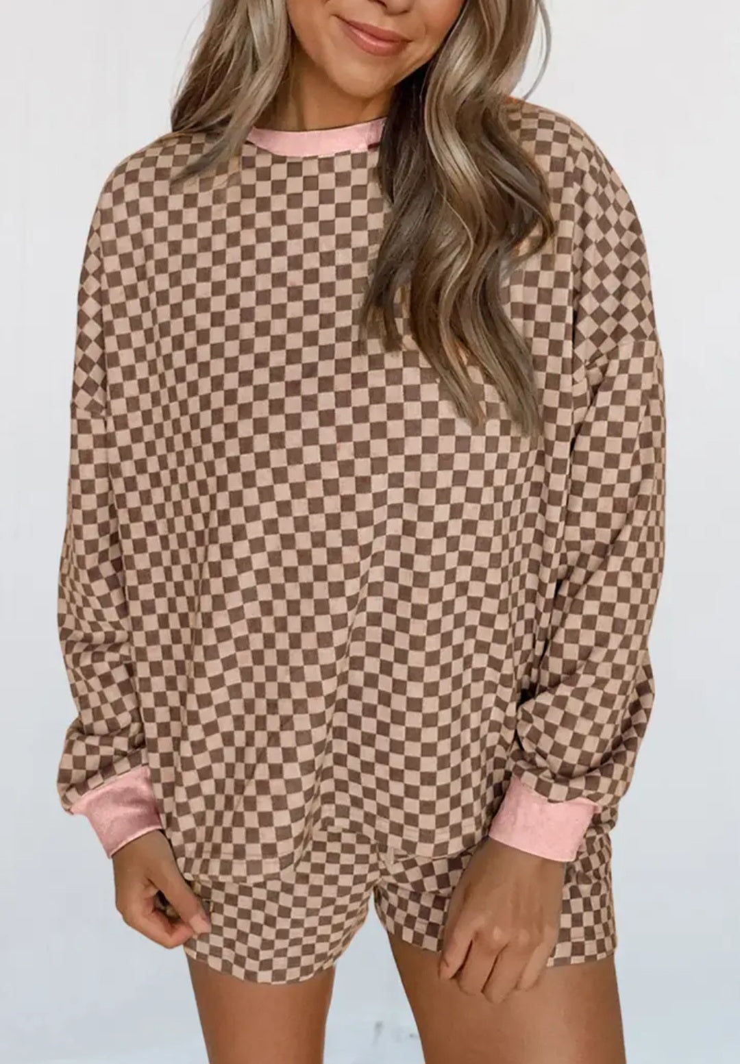 Checkered Long Sleeve Pullover & Shorts Set
