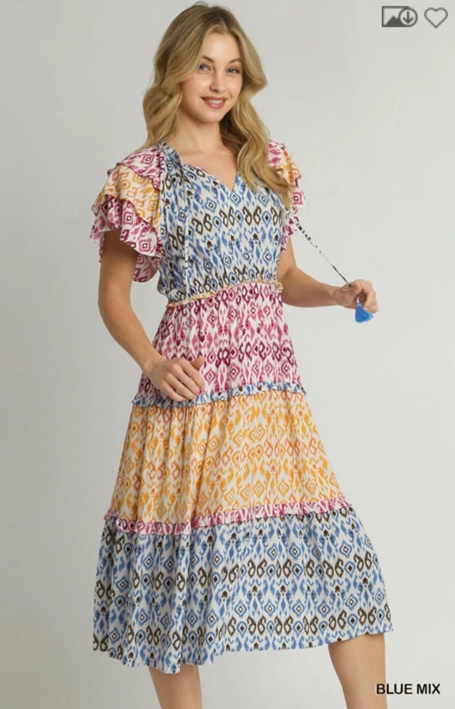 Umgee Aztec Print Midi Dress with Tassel Front Tie and Ruffle Sleeves