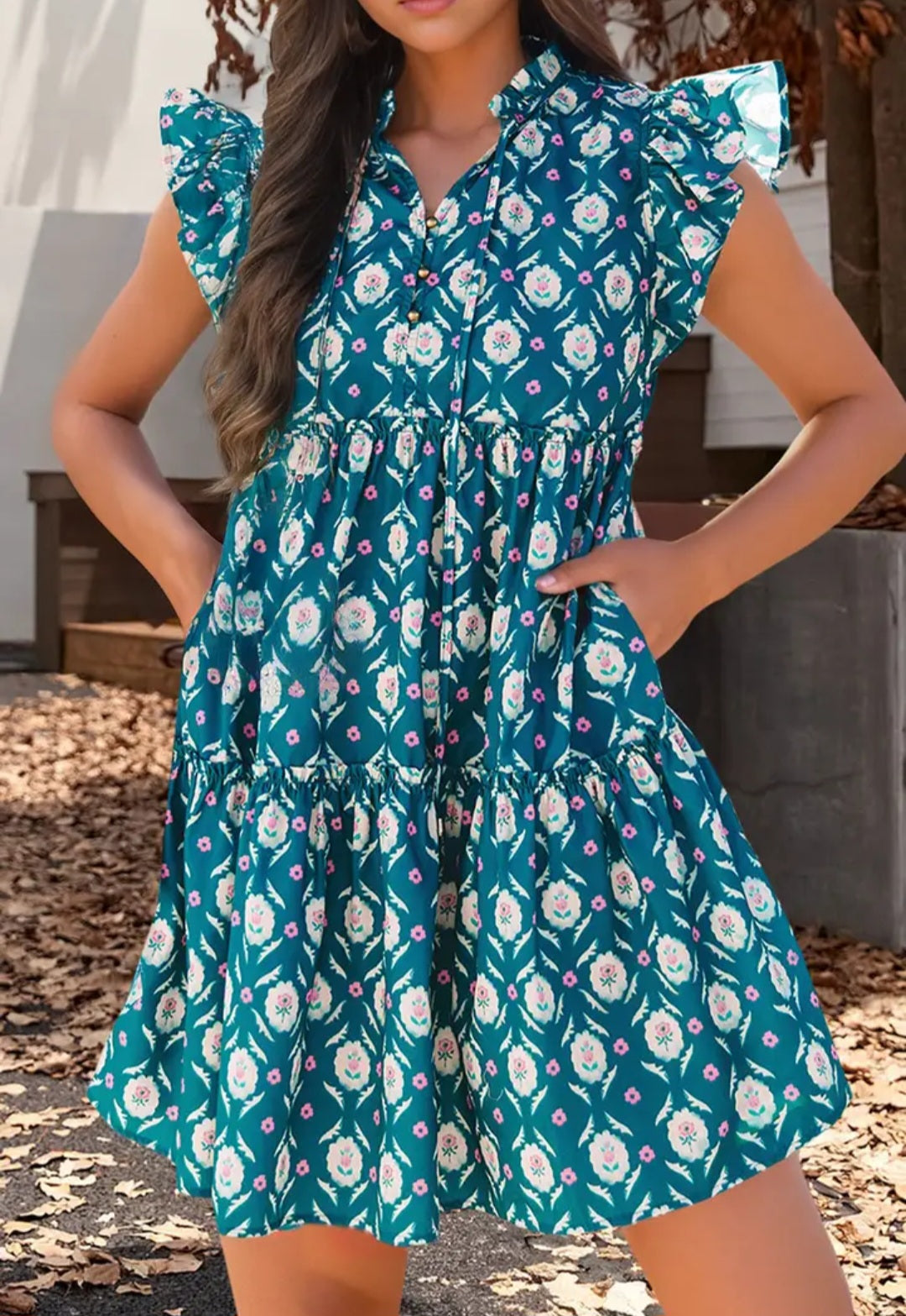 Retro Floral Print Ruffle Sleeve Dress