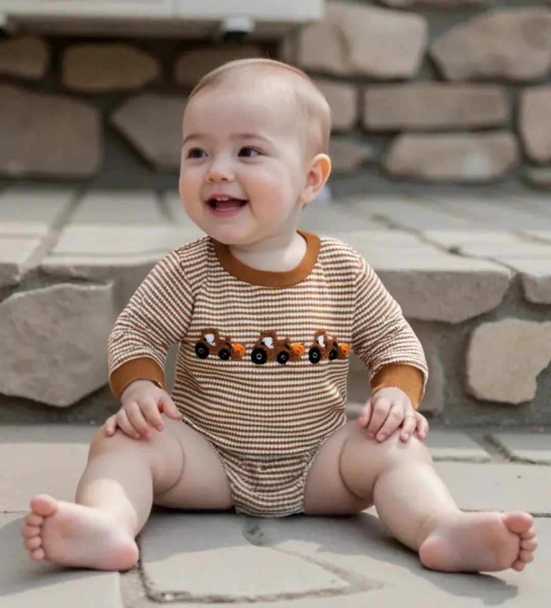 Long Sleeve Crew Neck Striped Embroidery Tractor Pumpkin Fall Bodysuit