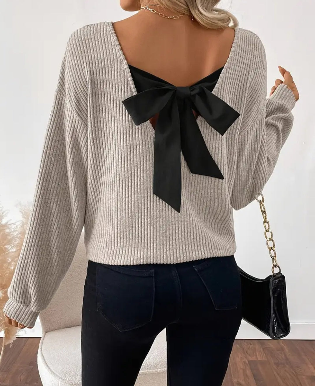 Women's Elegant V Neck Sweater with Back Bow Detail