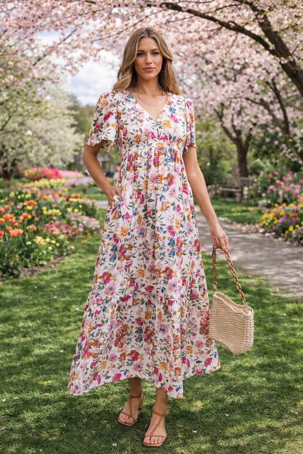 Red Floral V Neck Maxi Dress