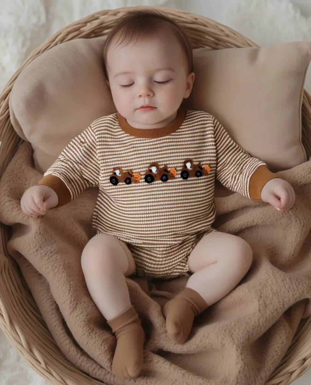 Long Sleeve Crew Neck Striped Embroidery Tractor Pumpkin Fall Bodysuit