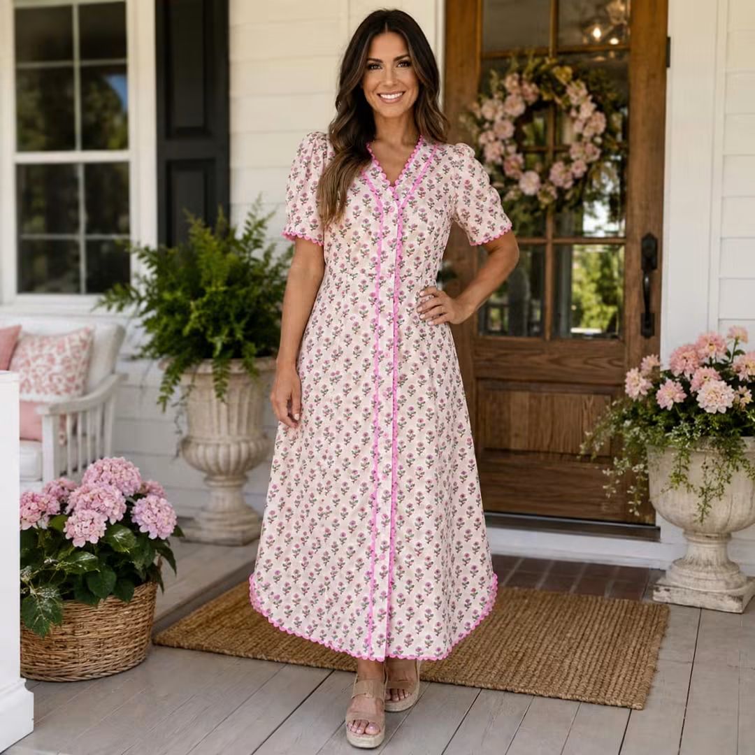 Pink Floral Scallop Trim Long Dress