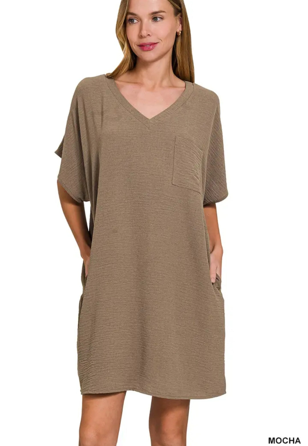 Zenana Woven Airflow V Neck T Shirt Dress with Pockets