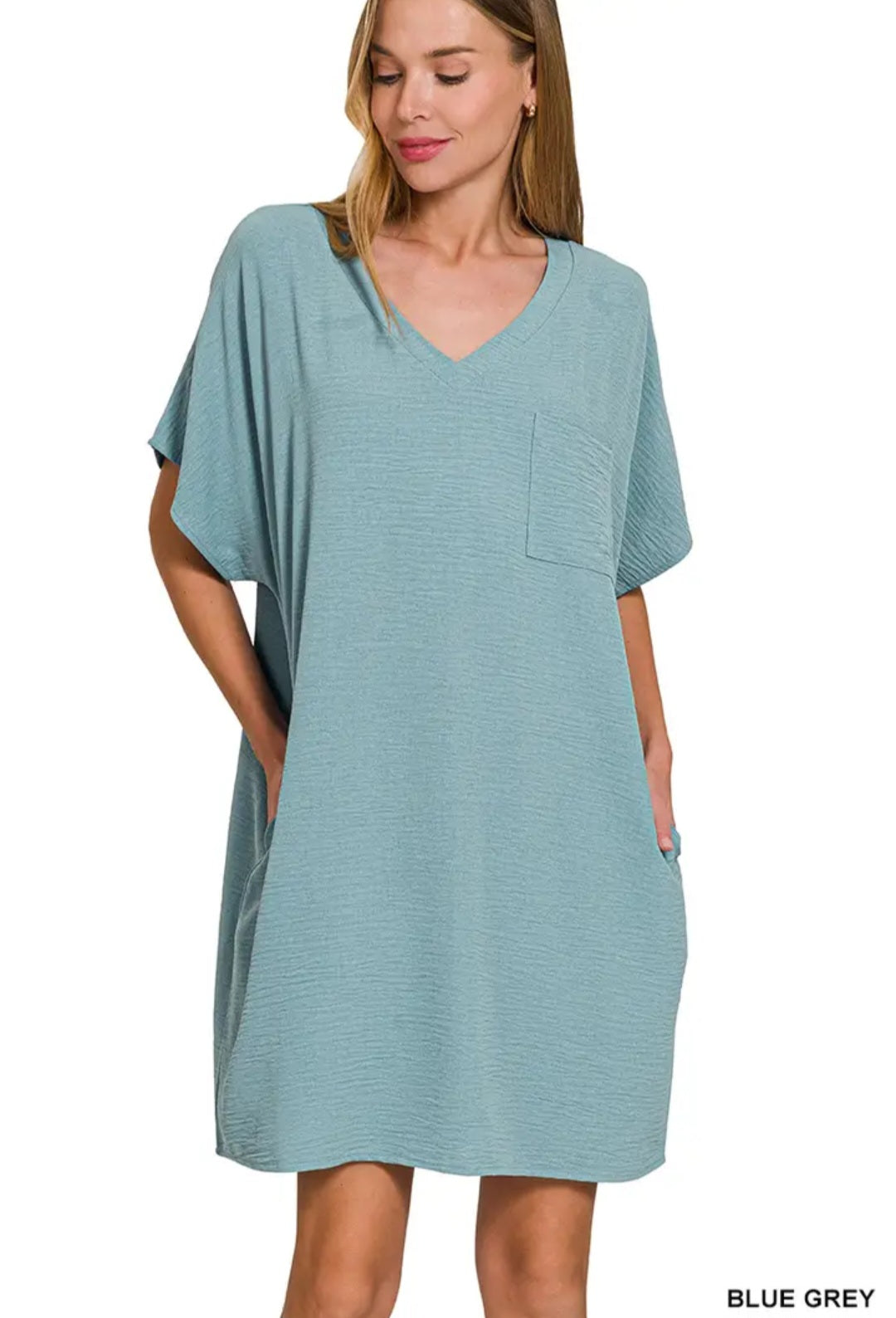Zenana Woven Airflow V Neck T Shirt Dress with Pockets