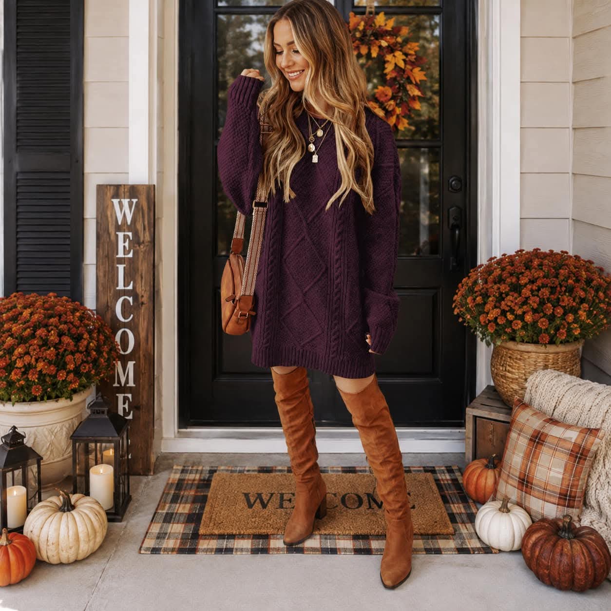Plum Cable Knit Sweater Dress