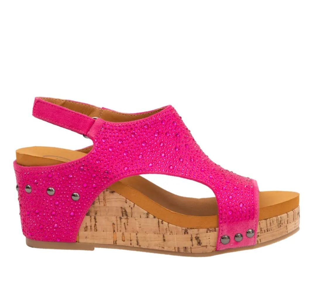 Rhinestone Cushioned Women Slingback Velcro Cork Wedge