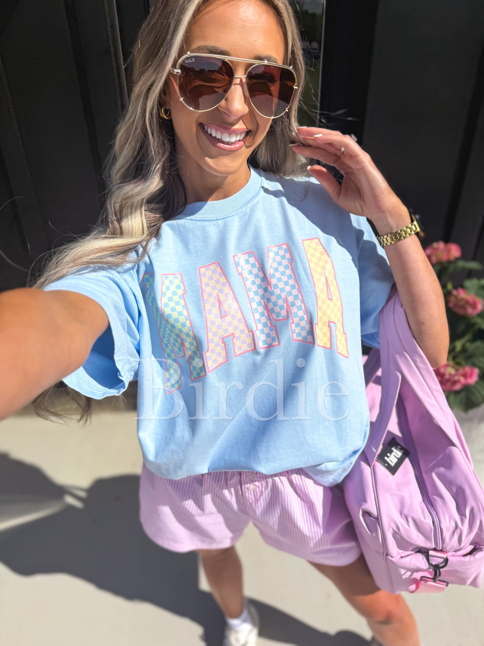 Birdie Pastel Checkered MAMA Graphic Tee on Chambray