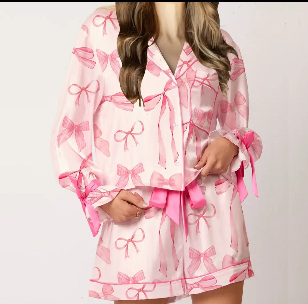 Chic Bow Sleeve Cute Printed Pajama Set