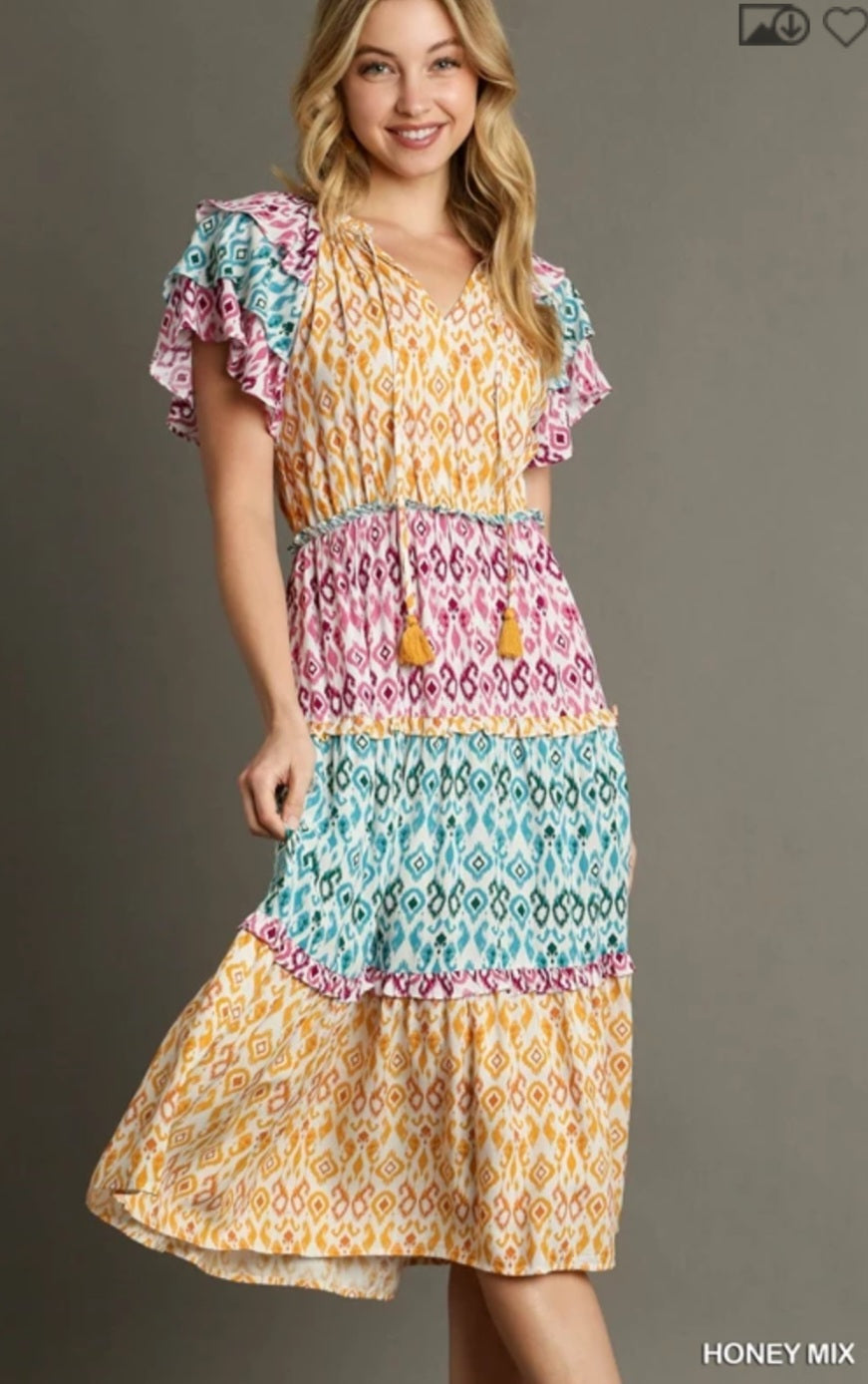 Umgee Aztec Print Midi Dress with Tassel Front Tie and Ruffle Sleeves