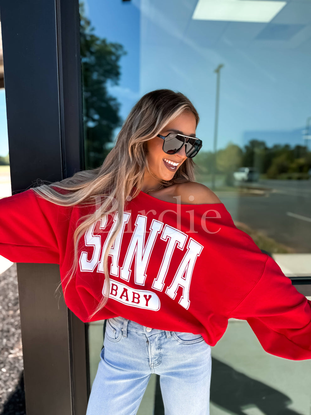 Santa Baby Graphic Crewneck off the Shoulder on Red