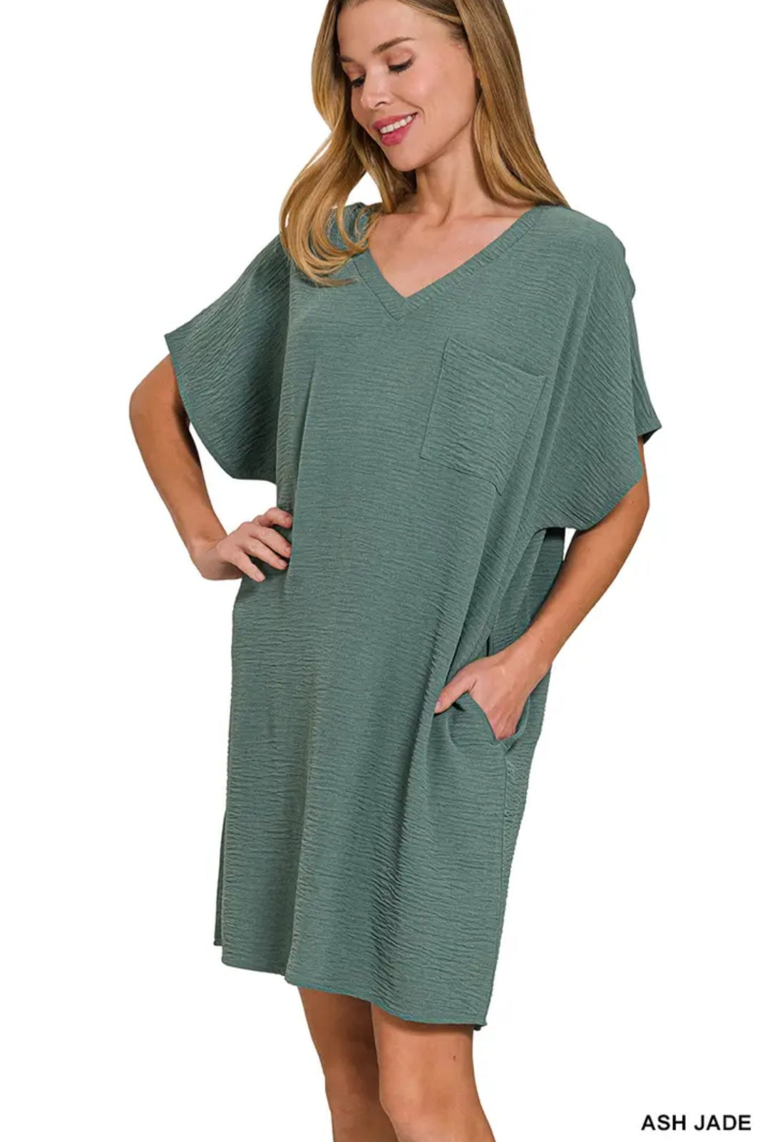 Zenana Woven Airflow V Neck T Shirt Dress with Pockets
