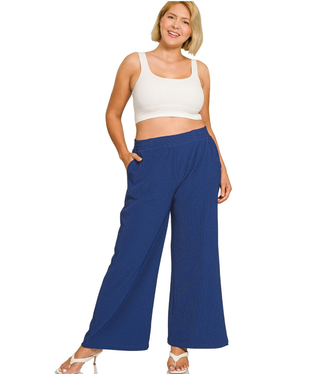Zenana Plus ribbed round neck tee & pants set