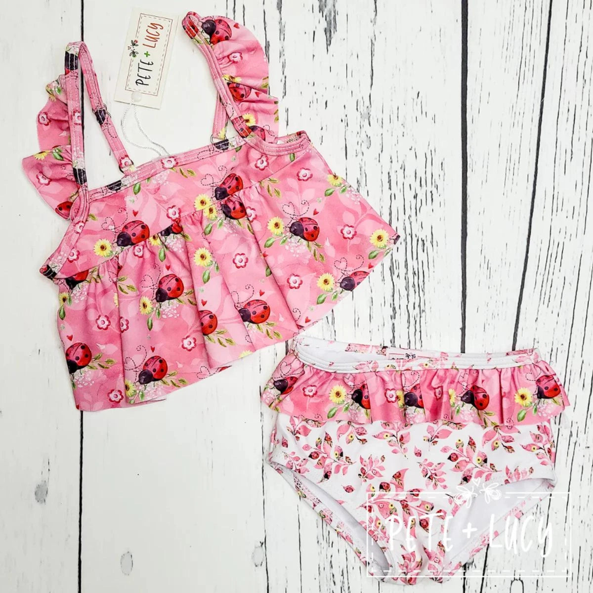PETE + LUCY Sweet Ladybugs Pink Two PIece Swim Set Summer