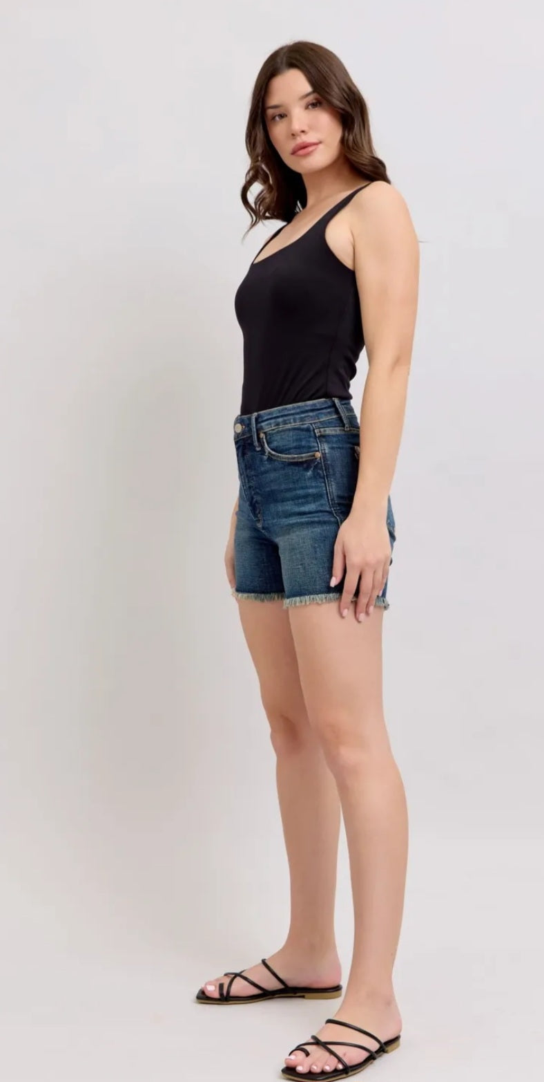 Judy Blue Tummy Control Fray Hem & Shield Back Pockets Denim Shorts