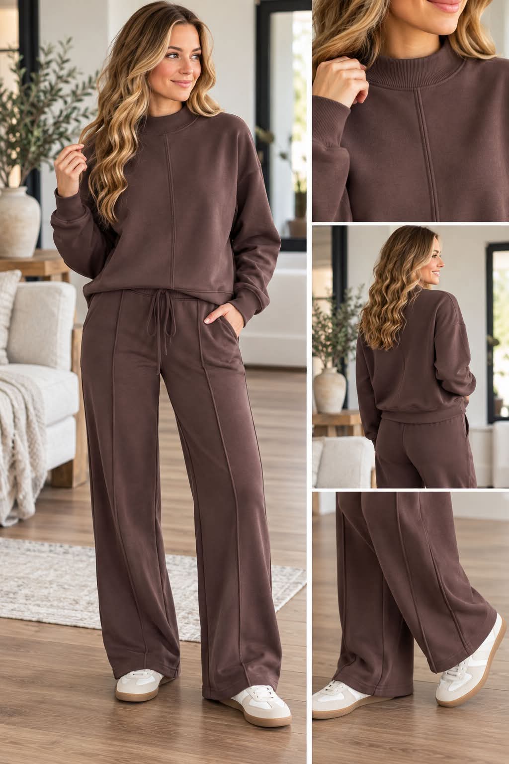 Coffee Mock Neck Drawstring Pants Set