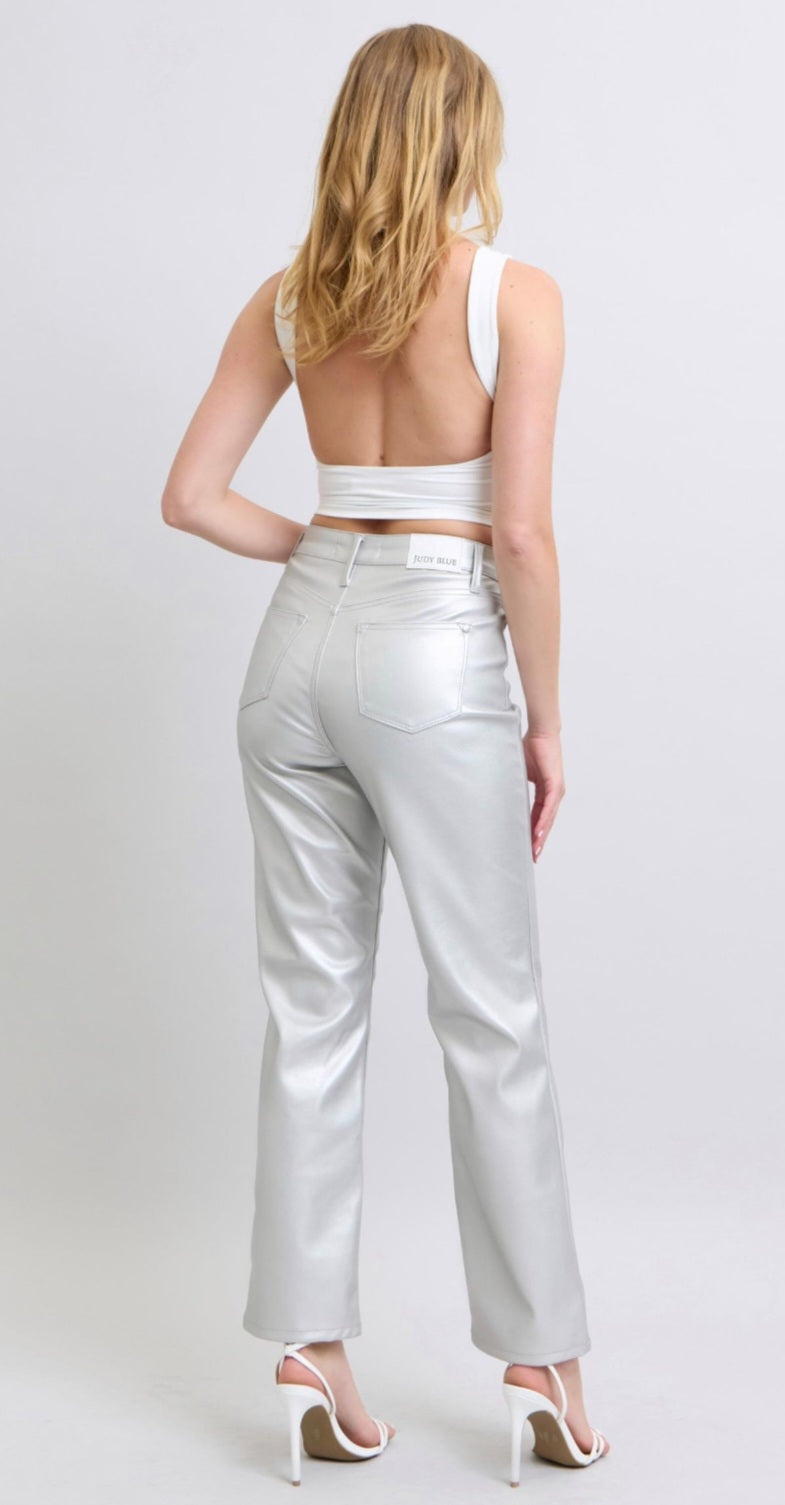 Judy Blue Tummy Control Metallic Silver Faux Leather Straight