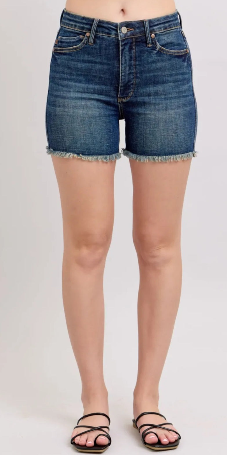 Judy Blue Tummy Control Fray Hem & Shield Back Pockets Denim Shorts