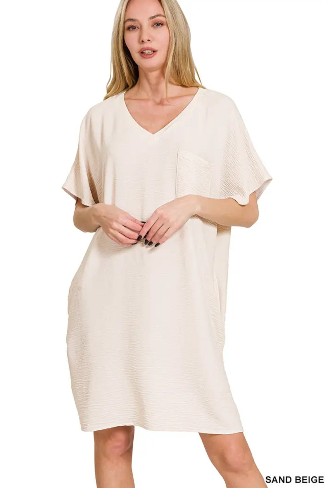 Zenana Woven Airflow V Neck T Shirt Dress with Pockets