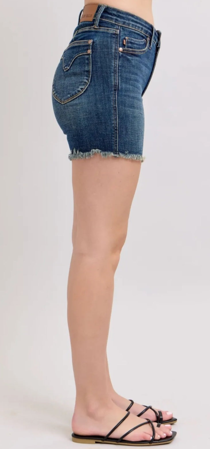 Judy Blue Tummy Control Fray Hem & Shield Back Pockets Denim Shorts