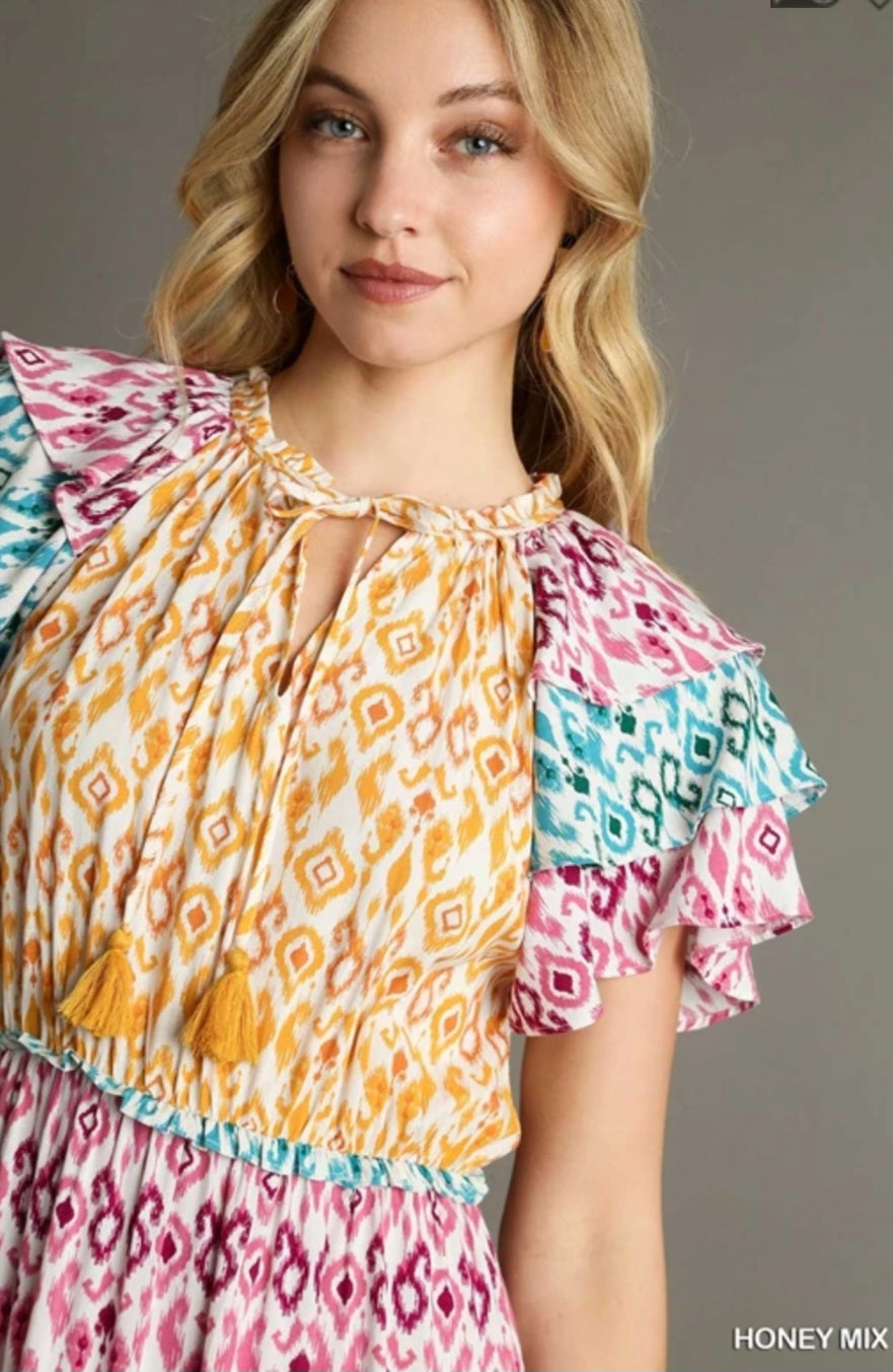 Umgee Aztec Print Midi Dress with Tassel Front Tie and Ruffle Sleeves