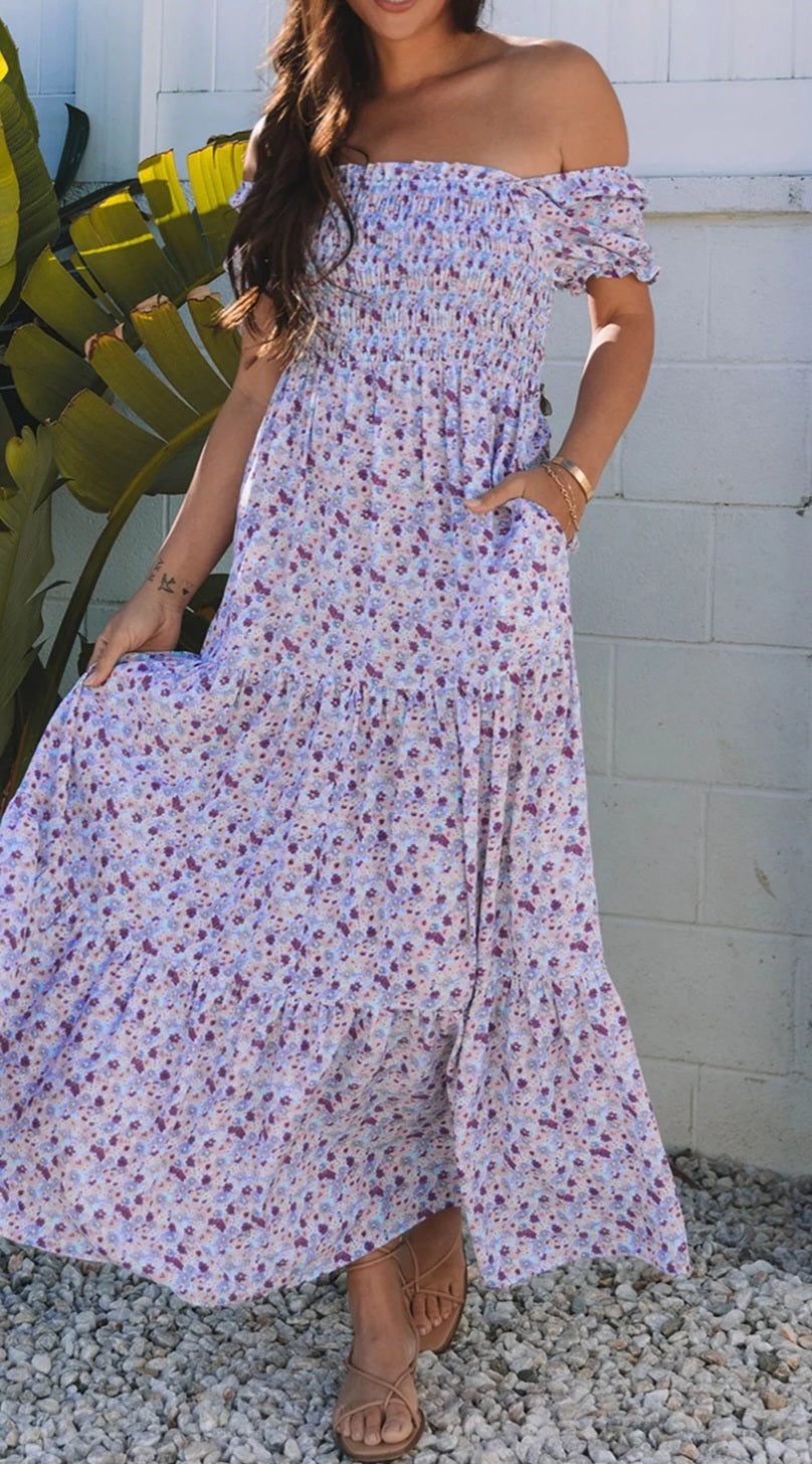 Purple Floral Shirred Maxi Dress PLUS