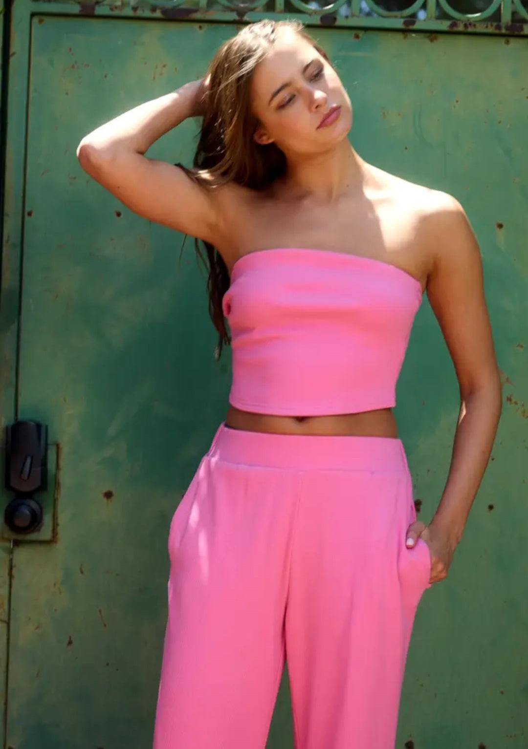 Bucketlist Ribbed Strapless Tube Top & Wide-Leg Pants Set