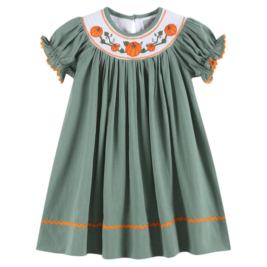 Lil Cactus Sage Green Pumpkin Smocked Bishop Dress
