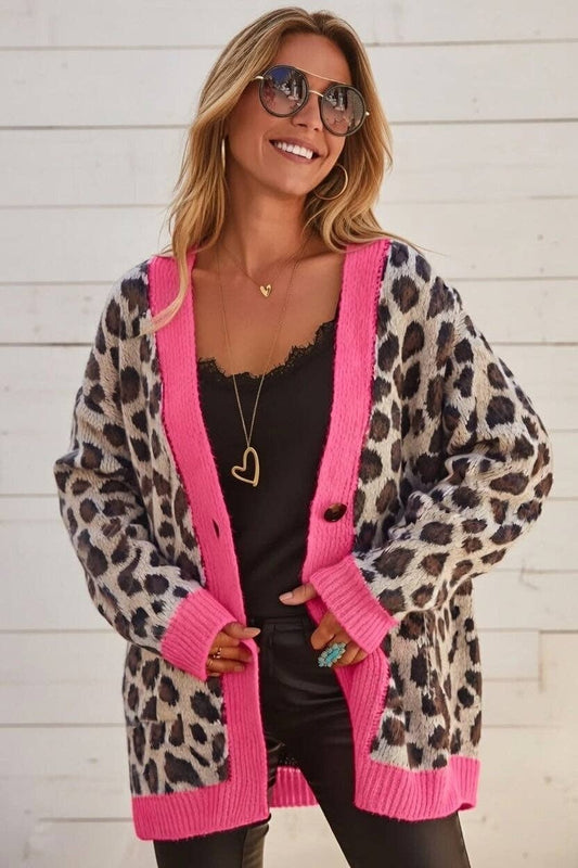 Leopard Colorblock Button Down Oversize Cardigan