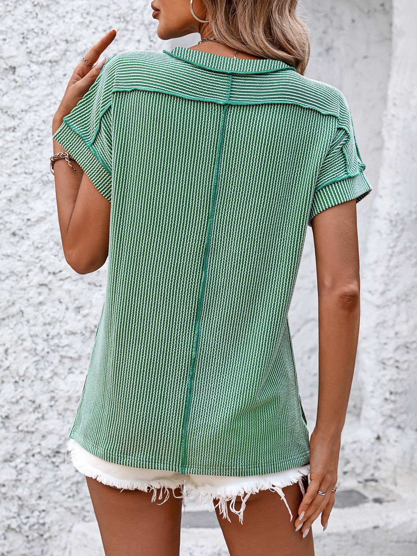 Crew Neck Exposed Seam Twist Detail Short Sleeve Loose Top