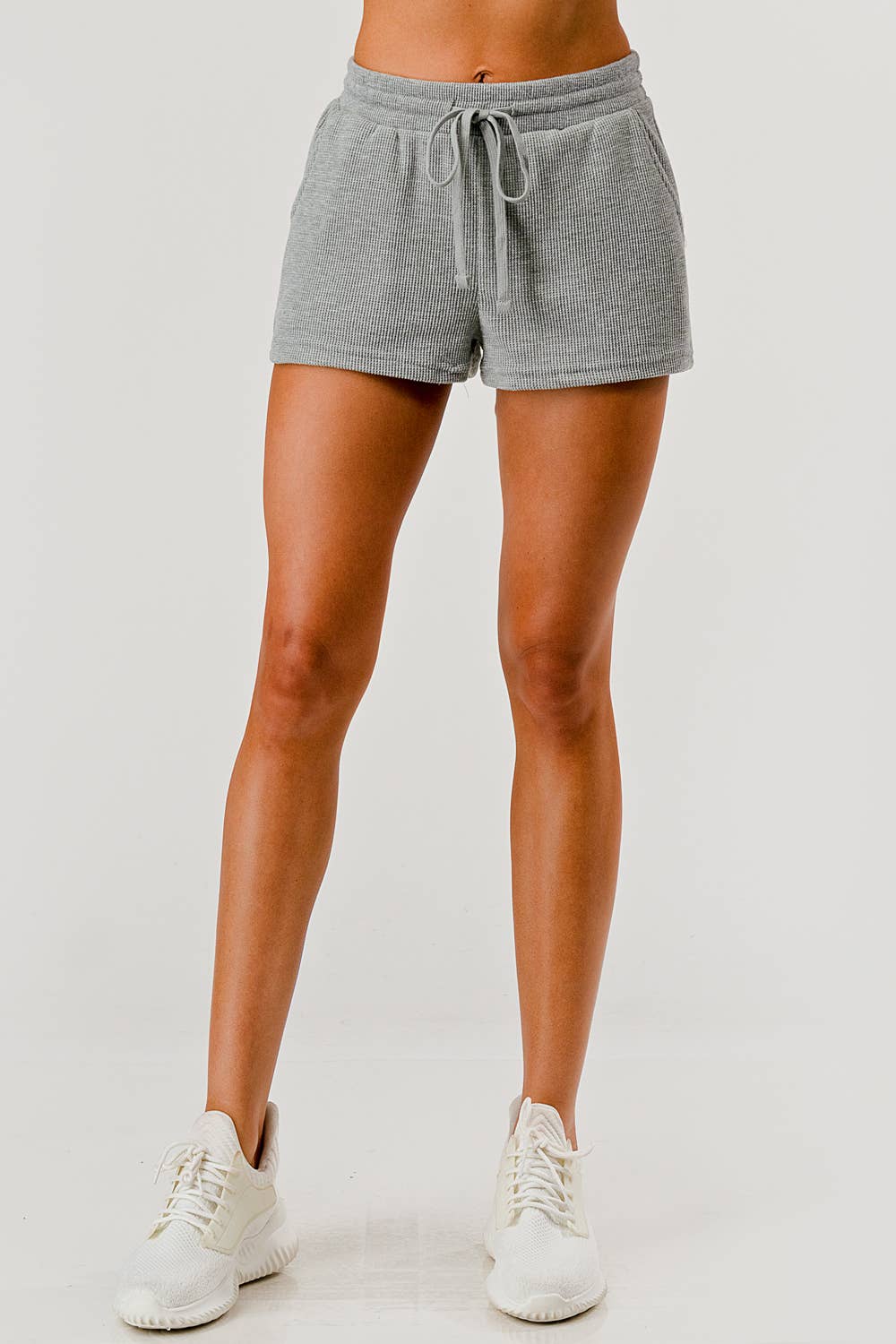 Womens Drawstring Waffle Textured Shorts W/Pockets